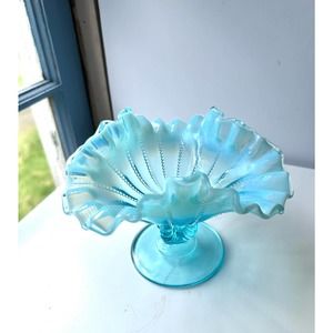 Vintage Fenton For LG Wright Blue Opalescent Beaded Footed Ruffled Edge Compote
